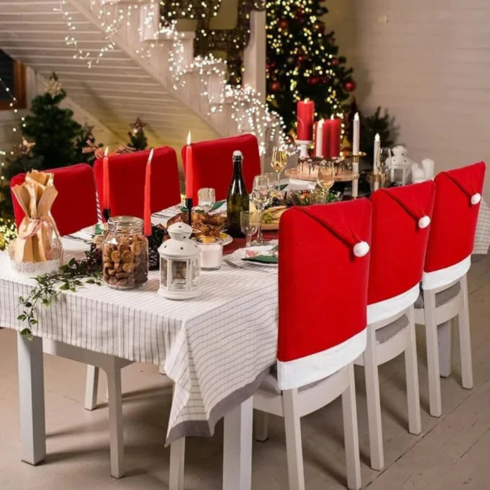 1-6PCS Christmas Decor Chair Covers Santa Claus Red Hat Chair Cap Kitchen Dining Chair Slipcovers Sets for Christmas Holiday