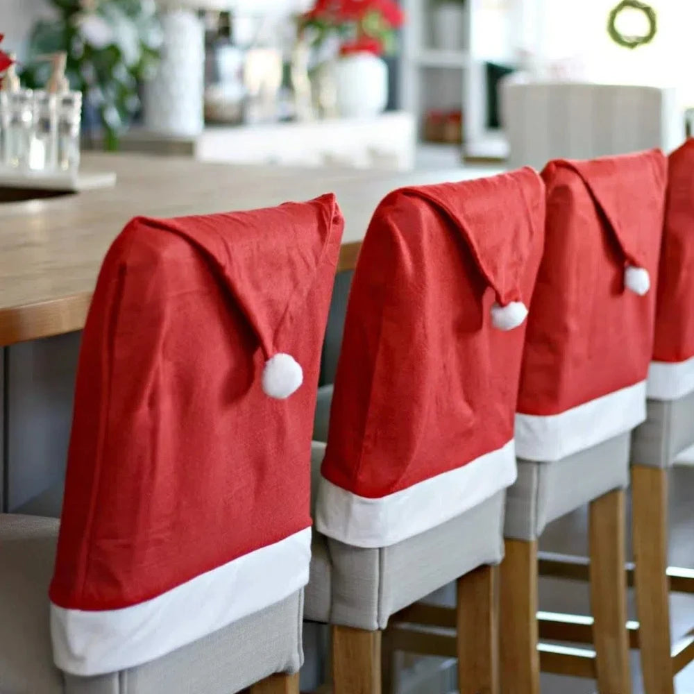 1-6PCS Christmas Decor Chair Covers Santa Claus Red Hat Chair Cap Kitchen Dining Chair Slipcovers Sets for Christmas Holiday