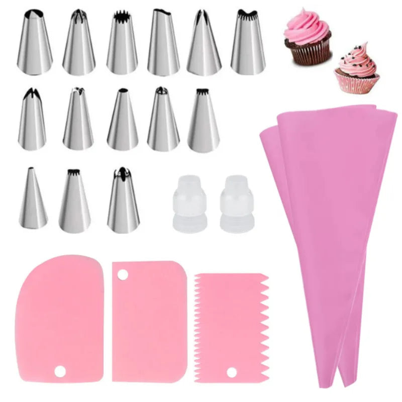 Silicone Piping Bags and Tips Set Cake DIY Decorating Kit with Stainless Steel Nozzle Reusable Silicone Pastry Baking Tool