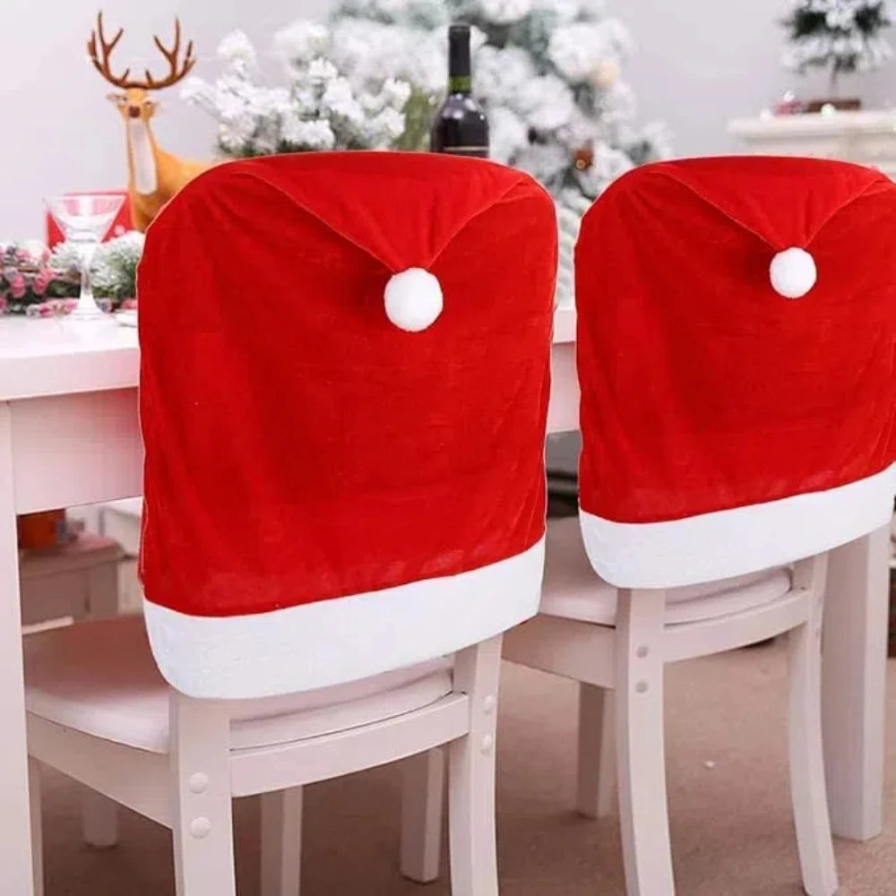 1-6PCS Christmas Decor Chair Covers Santa Claus Red Hat Chair Cap Kitchen Dining Chair Slipcovers Sets for Christmas Holiday