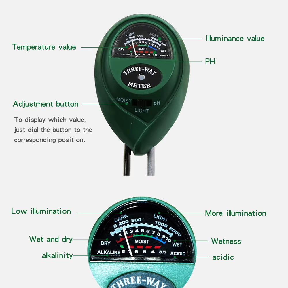 PH Meter 3 In1 Soil Sunlight PH Tester Garden Flowers Soil Moisture Sensor Meter Plants Acidity Humidity PH Monitor Detector