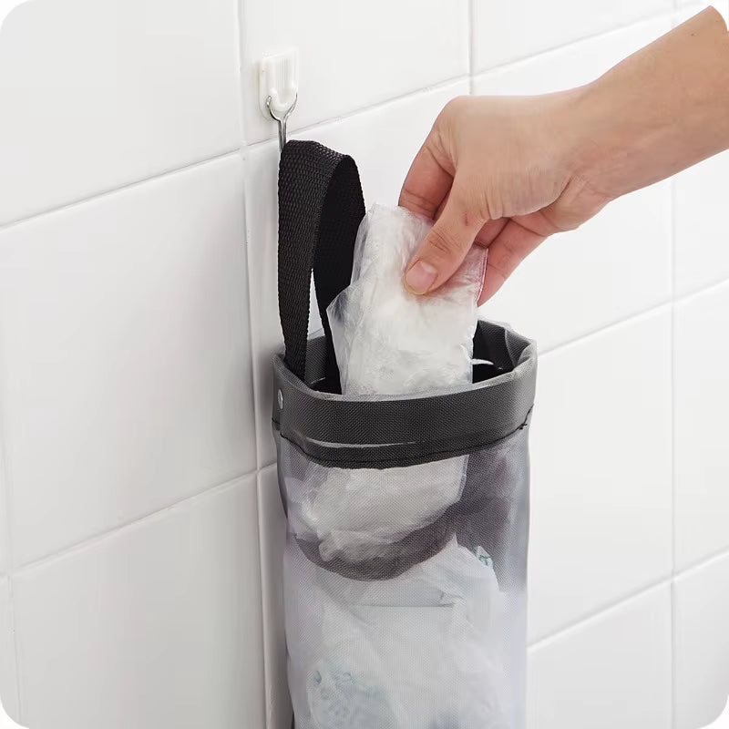1Pc Grey Sundries Bag Storage Wall Mount Mesh Plastic Bags Dispenser Hanging Reused Storage Pouch Trash Bags Kitchen Garbage Org