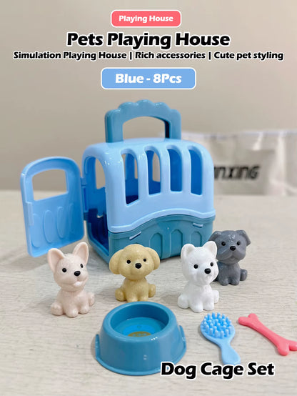 Cute Dog Pet Basket Family Toys Dog Doll Set Dog Cage Toys Scene Playing Toys Christmas Decoration and Thanksgiving Gifts